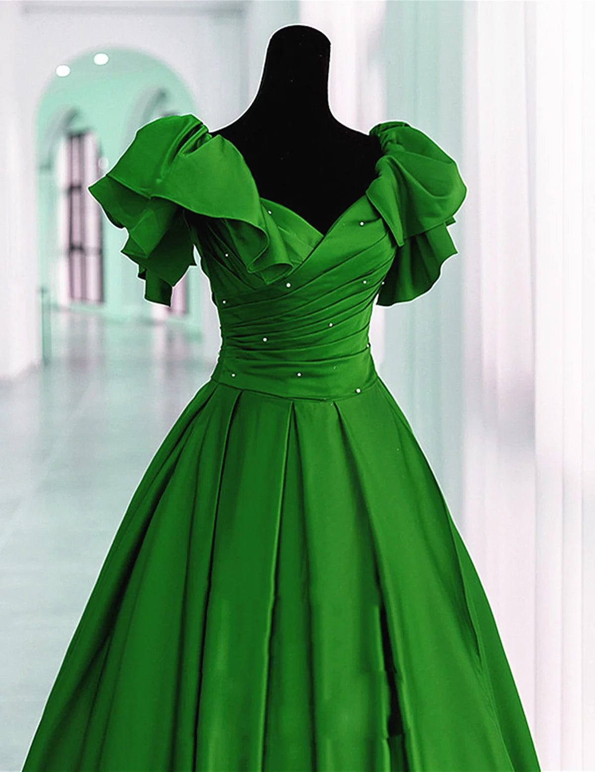 Beaira Green Satin A-line Long Party Dress Green Beaded Long Formal Dress