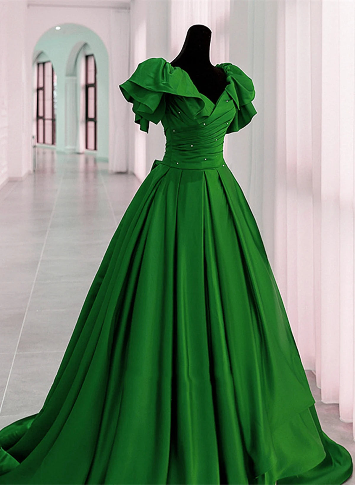 Beaira Green Satin A-line Long Party Dress Green Beaded Long Formal Dress