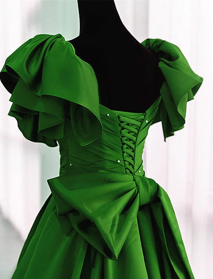 Beaira Green Satin A-line Long Party Dress Green Beaded Long Formal Dress