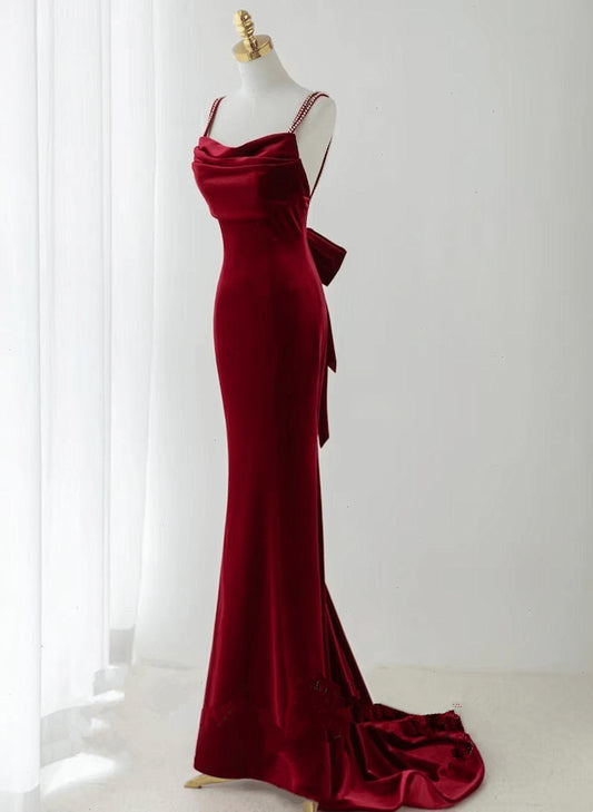 Beaira Wine Red Velvet Mermaid Straps Long Party Dress Wine Red Long Prom Dress