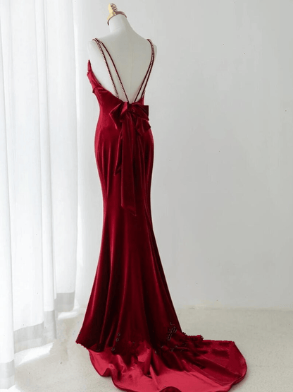 Beaira Wine Red Velvet Mermaid Straps Long Party Dress Wine Red Long Prom Dress