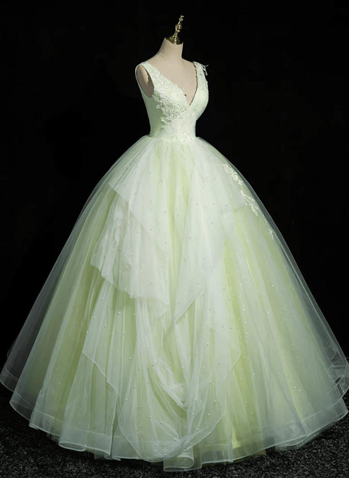 Beaira Light Green Tulle V-neckline Long Formal Dress Light Green Sweet 16 Dress