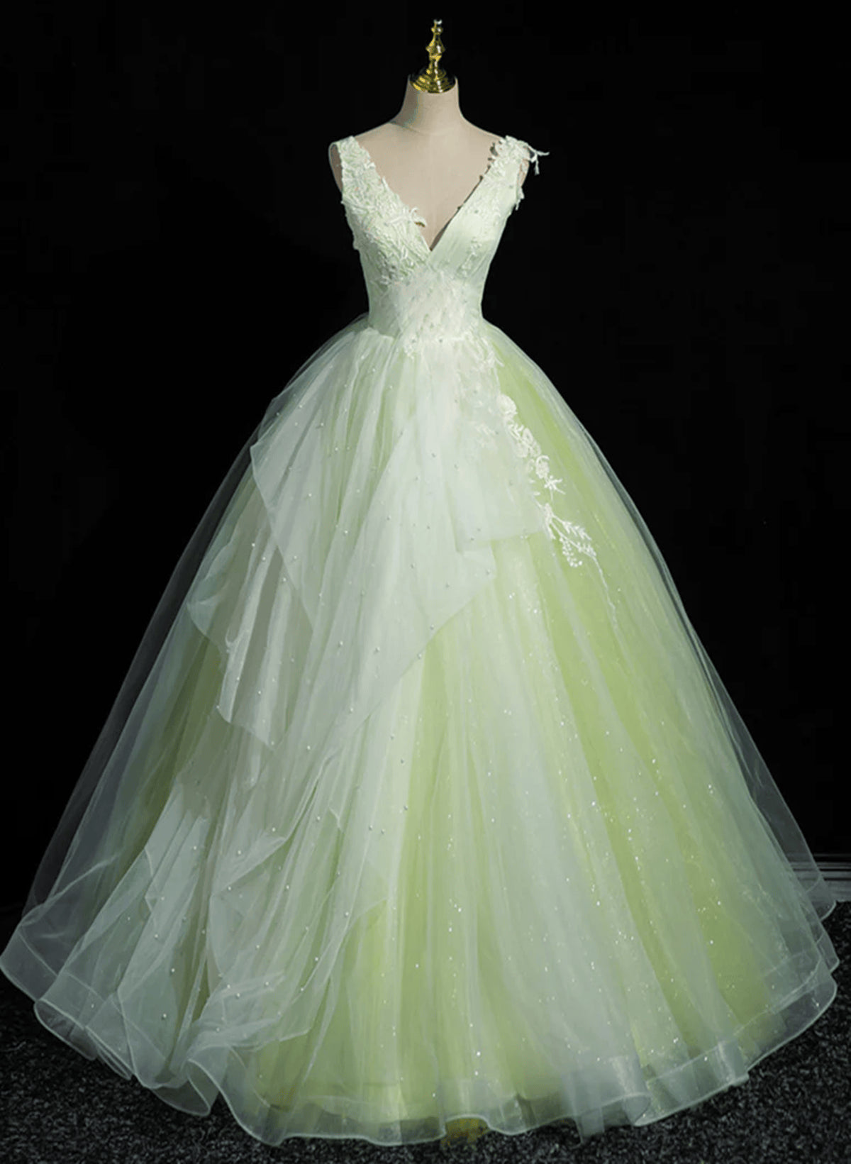 Beaira Light Green Tulle V-neckline Long Formal Dress Light Green Sweet 16 Dress