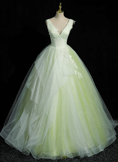 Beaira Light Green Tulle V-neckline Long Formal Dress Light Green Sweet 16 Dress