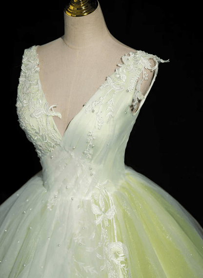 Beaira Light Green Tulle V-neckline Long Formal Dress Light Green Sweet 16 Dress