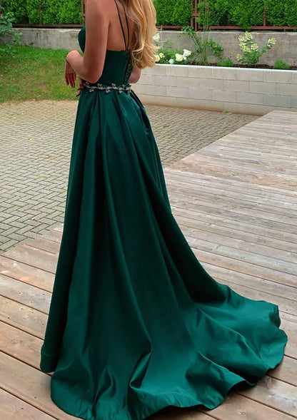 Beaira A-line Green V Neck Satin Sweep Train Prom Dress Green Long Party Dress