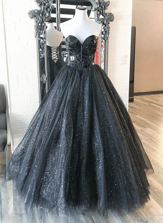 Beaira Black Sweetheart Tulle Long Formal Dress Black Ball Gown Prom Dress