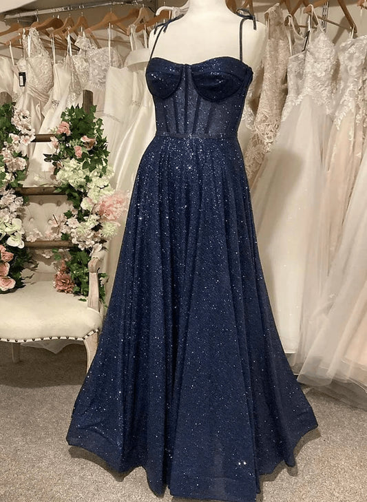 Beaira A-line Navy Blue Long Shiny Tulle Prom Dress Navy Blue Long Party Dress