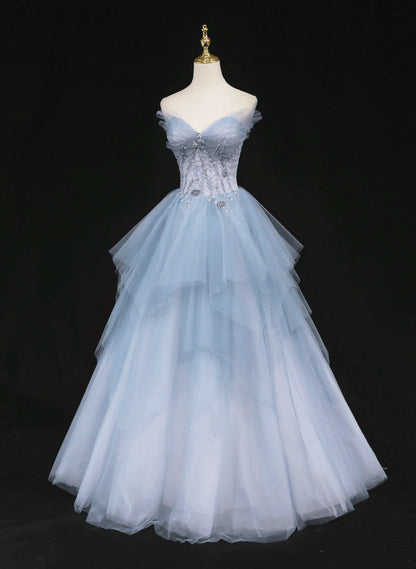 Beaira A-line Tulle Layers Beaded Sweetheart Long Party Dress Blue Gradient Prom Dress