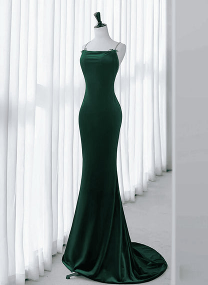 Beaira Elegant Green Velvet Mermaid Straps Long Prom Dress Green Evening Dress Party Dress