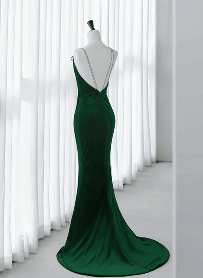 Beaira Elegant Green Velvet Mermaid Straps Long Prom Dress Green Evening Dress Party Dress