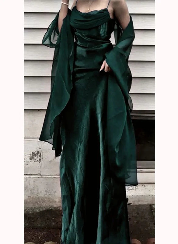 Beaira Dark Green Satin Straps Long Formal Dress Green A-line Floor Length Prom Dress