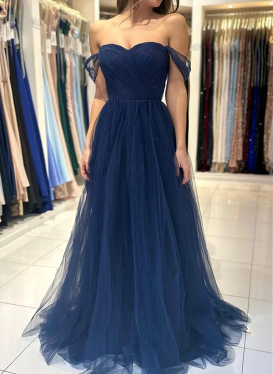 Beaira Navy Blue Simple Tulle A-line Long Prom Dress Navy Blue Bridesmaid Dress