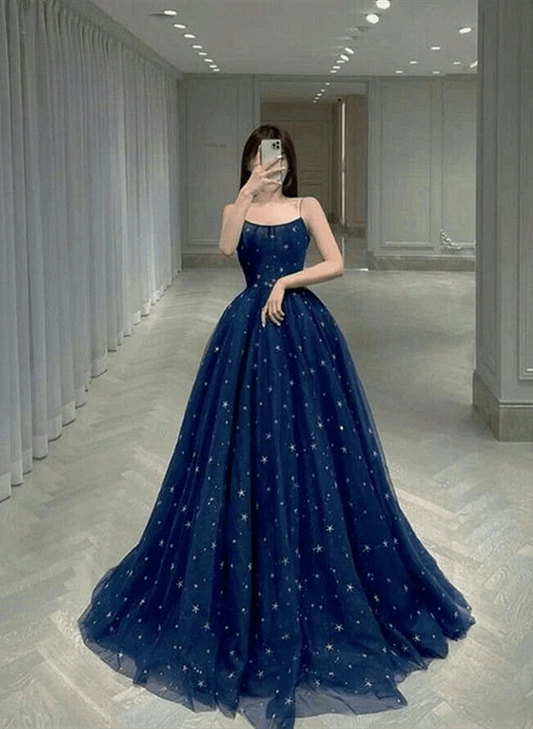 Beaira Navy Blue Straps Stars Tulle A-line Long Prom Dress Navy Blue Party Dress