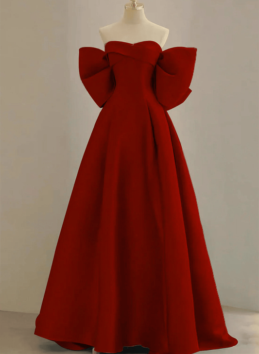 Beaira Wine Red Satin Off Shoulder Sweetheart Party Dress Wine Red Prom Dress