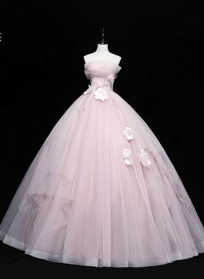 Beaira Pink Tulle Ball Gown Long Sweet 16 Dress with Flowers Pink Formal Dress