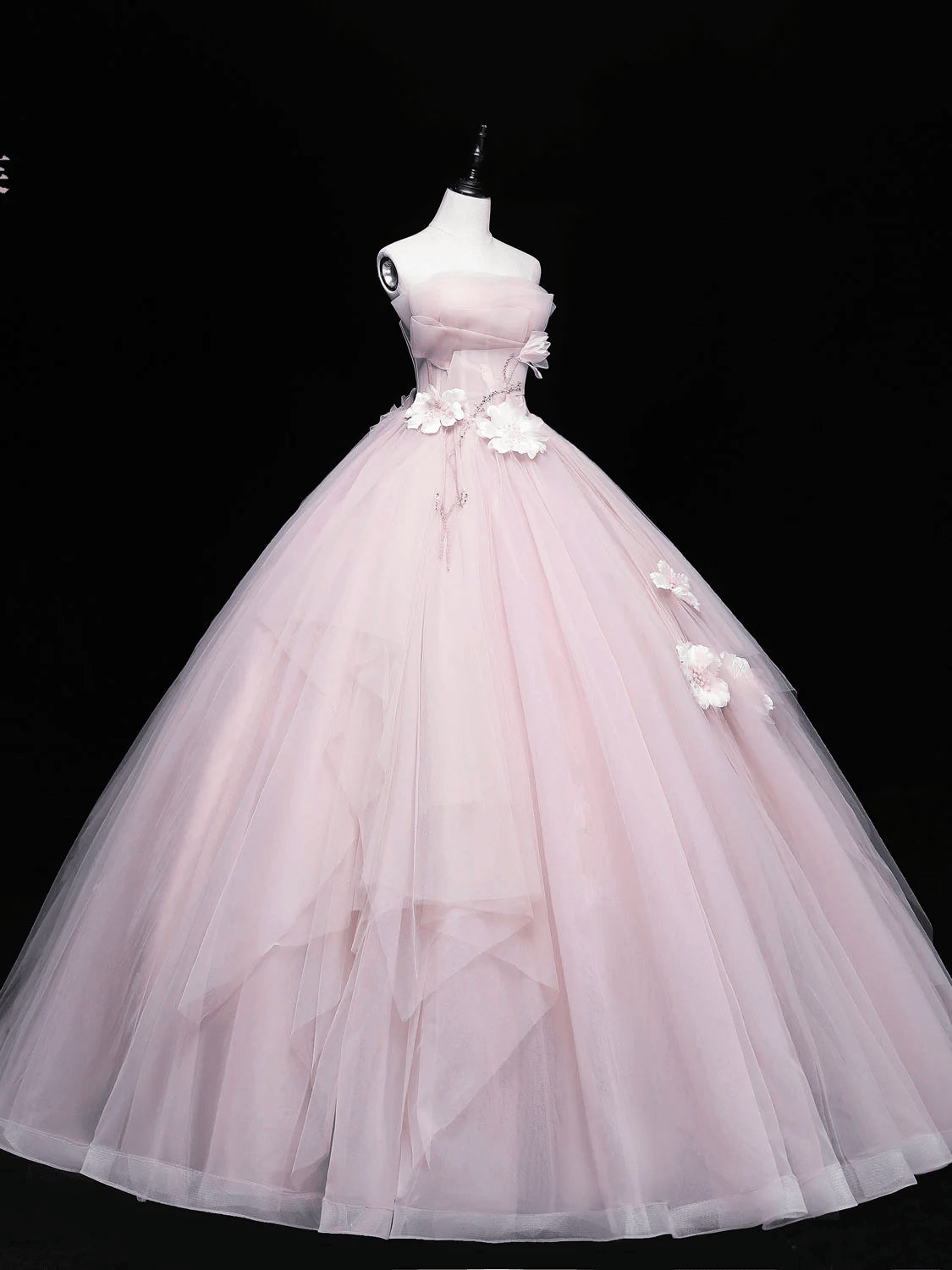 Beaira Pink Tulle Ball Gown Long Sweet 16 Dress with Flowers Pink Formal Dress