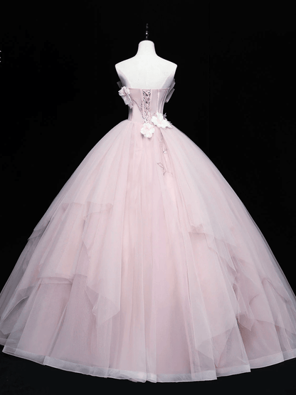 Beaira Pink Tulle Ball Gown Long Sweet 16 Dress with Flowers Pink Formal Dress