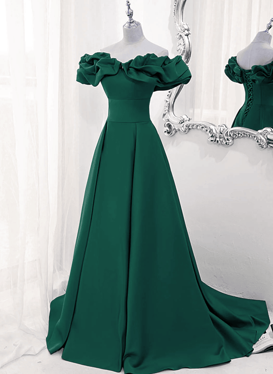 Beaira Green Off Shoulder Simple Long Party Dress Green A-line Prom Dress