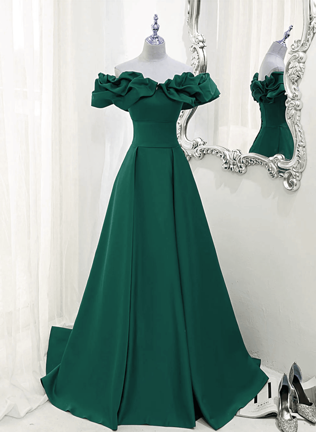 Beaira Green Off Shoulder Simple Long Party Dress Green A-line Prom Dress