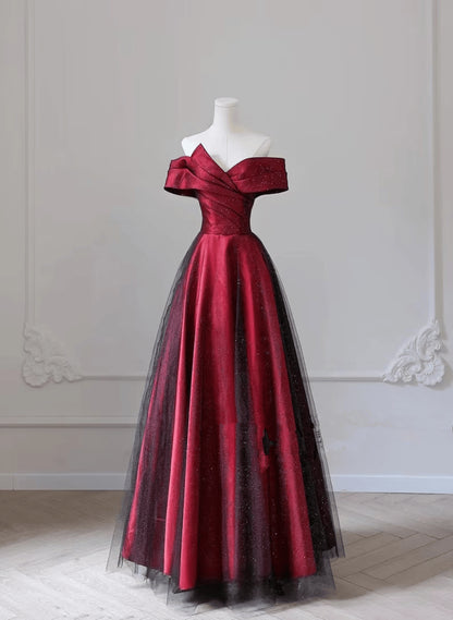 Beaira Wine Red Satin Off Shoulder Long Party Dress Wine Red A-line Prom Dress