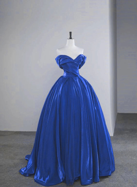 Beaira Blue Satin Off Shoulder Long Party Dress Blue Long Evening Dress