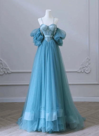 Beaira A-line Blue Tulle Neck Tulle Blue Long Prom Dress Blue Long Evening Dress