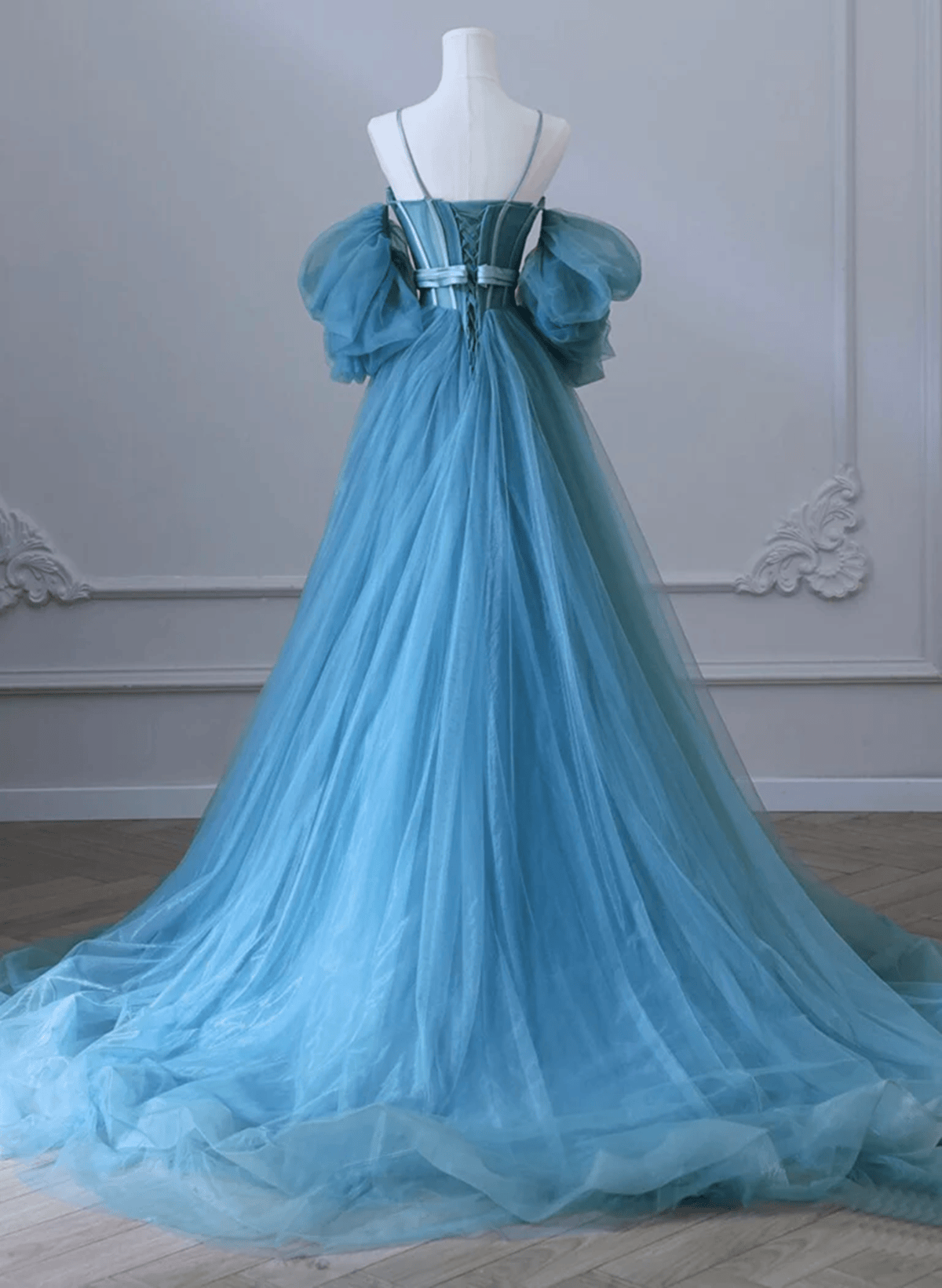 Beaira A-line Blue Tulle Neck Tulle Blue Long Prom Dress Blue Long Evening Dress