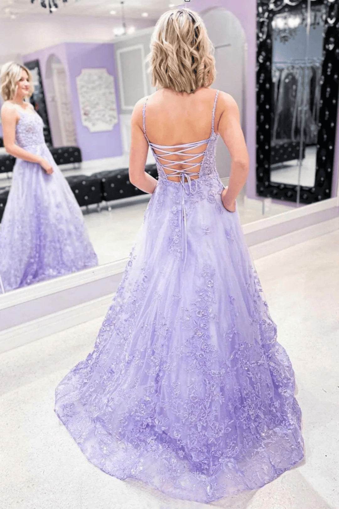 Beaira Lavender Tulle Straps Lace Long Formal Dress Lavender Evening Dress