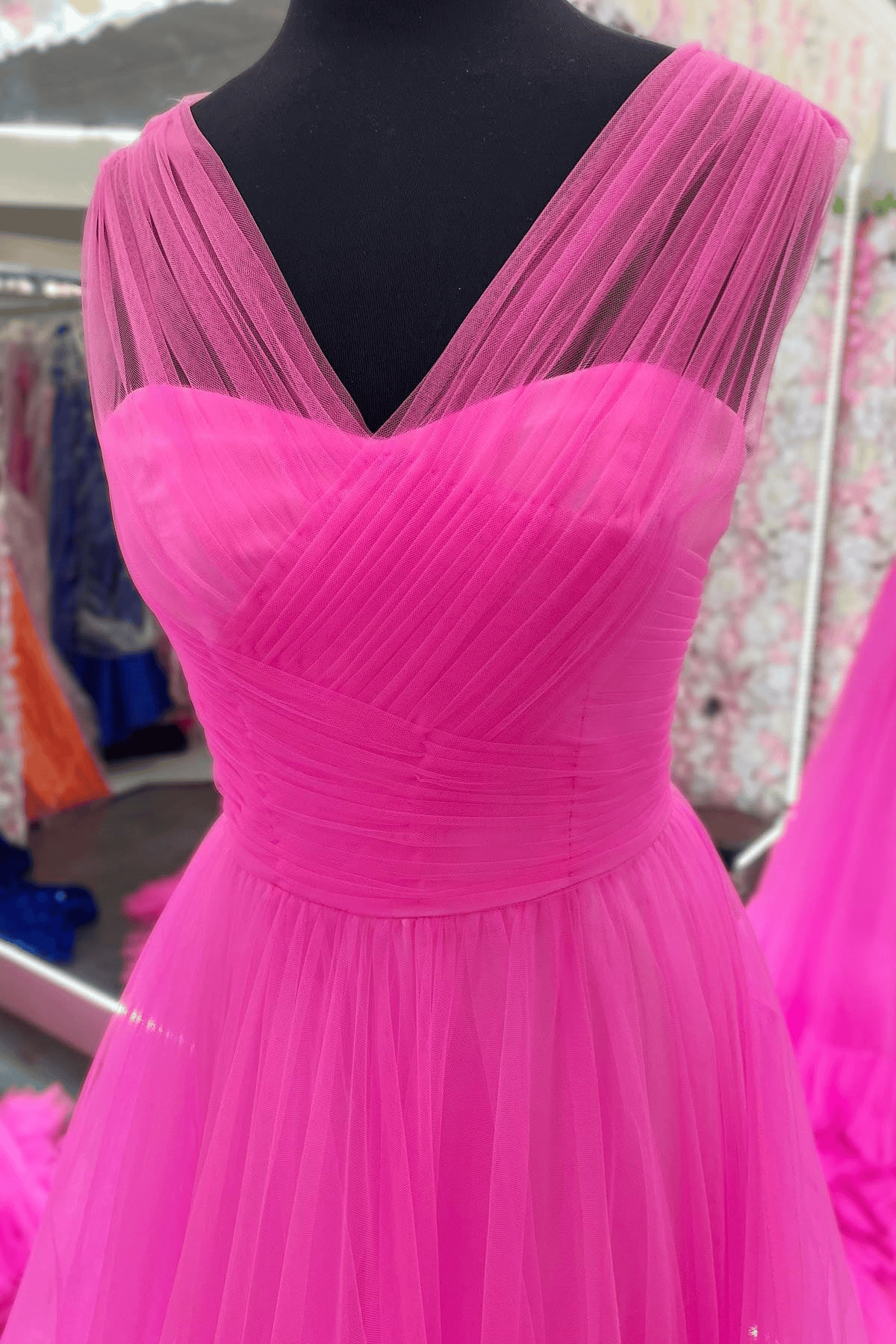 Beaira Hot Pink Tulle Long A-line Prom Dress Pink Long Formal Party Dress