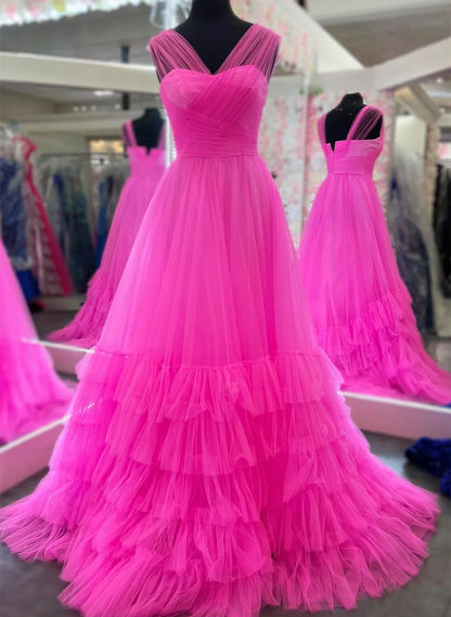 Beaira Hot Pink Tulle Long A-line Prom Dress Pink Long Formal Party Dress