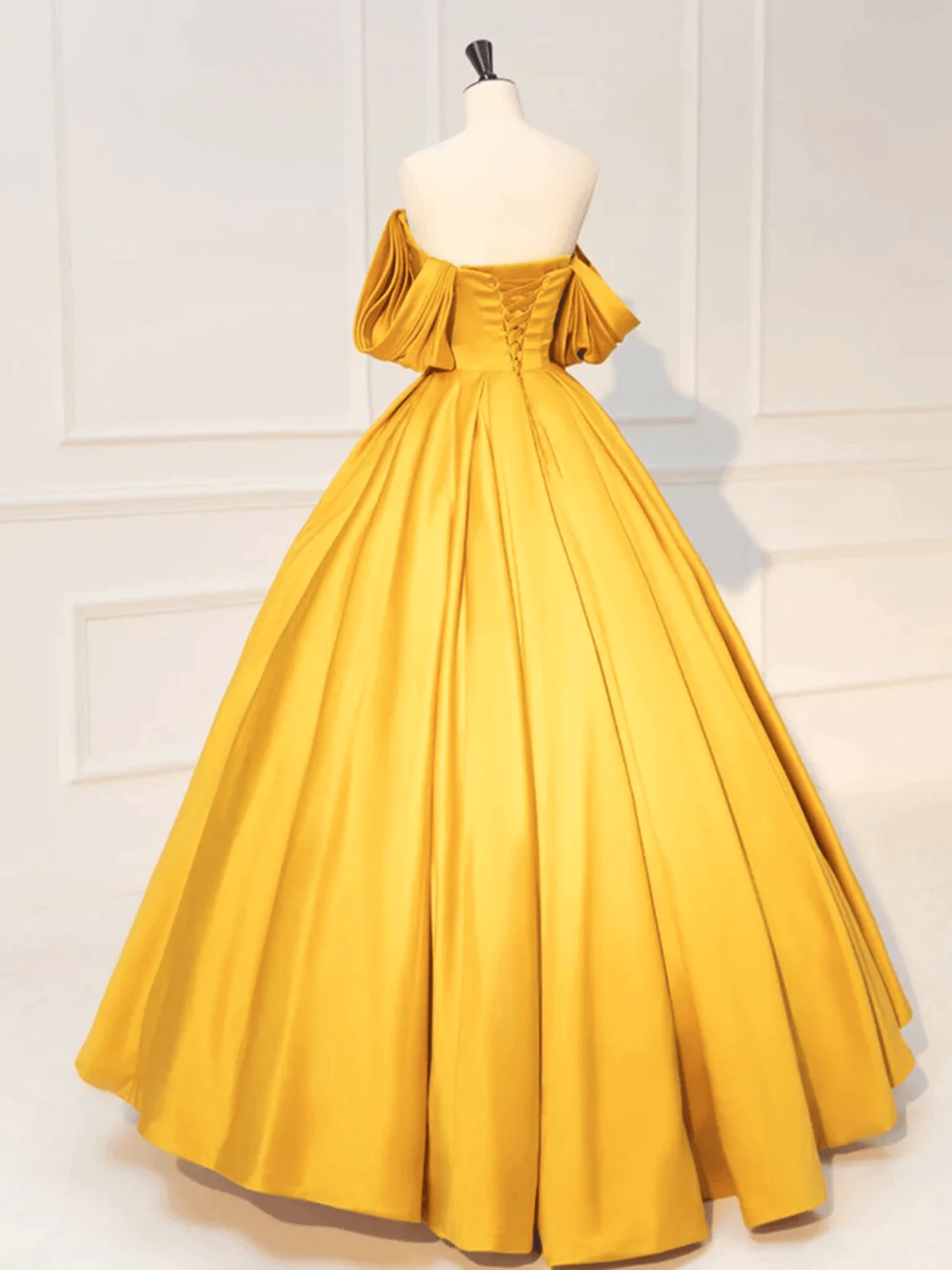 Beaira Off the Shoulder Yellow Satin Long Prom Dress Off Shoulder Yellow Sweet 16 Dress