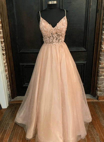 Beaira V Neck Blush Pink Tulle Straps Long Lace Prom Dress V Neck Pink Formal Dress