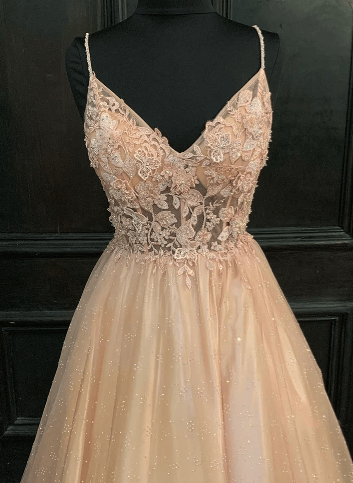 Beaira V Neck Blush Pink Tulle Straps Long Lace Prom Dress V Neck Pink Formal Dress