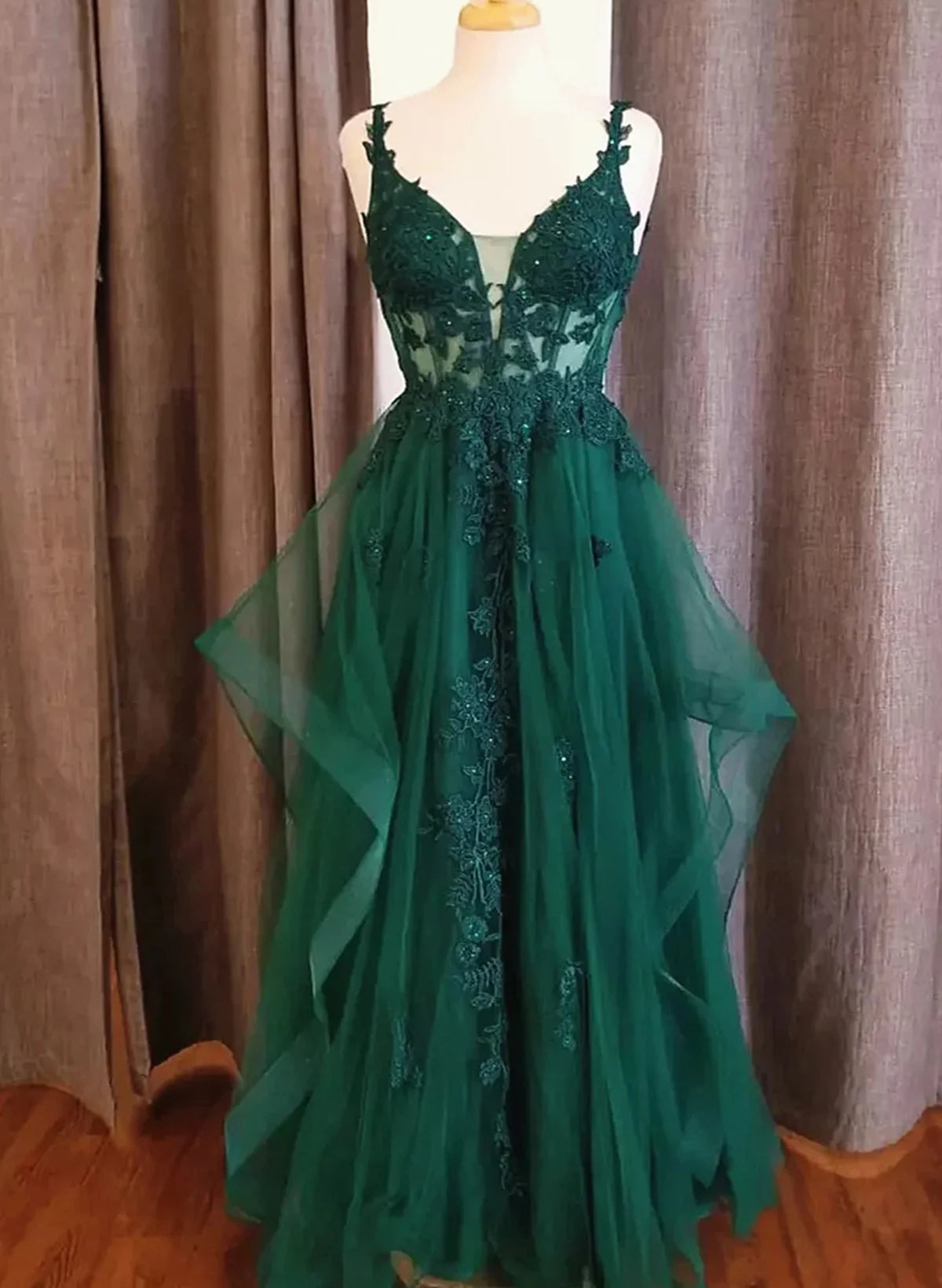 Beaira Green Tulle V Neck Long Prom Dress with Lace V Neck Long Green Lace Formal Evening Dress