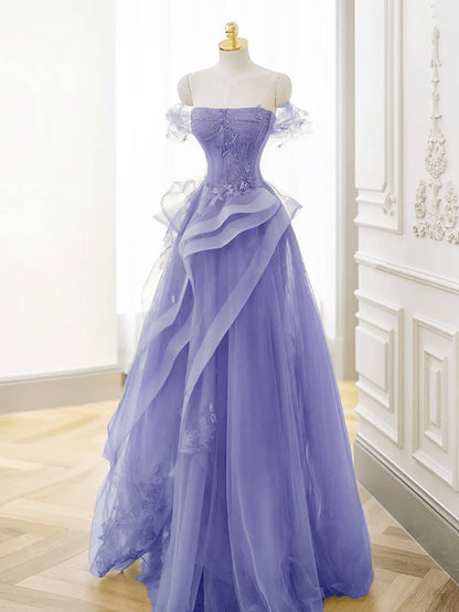 Beaira Lovely Purple Tulle Off Shoulder Party Dress A-line Tulle Evening Dress Prom Dress