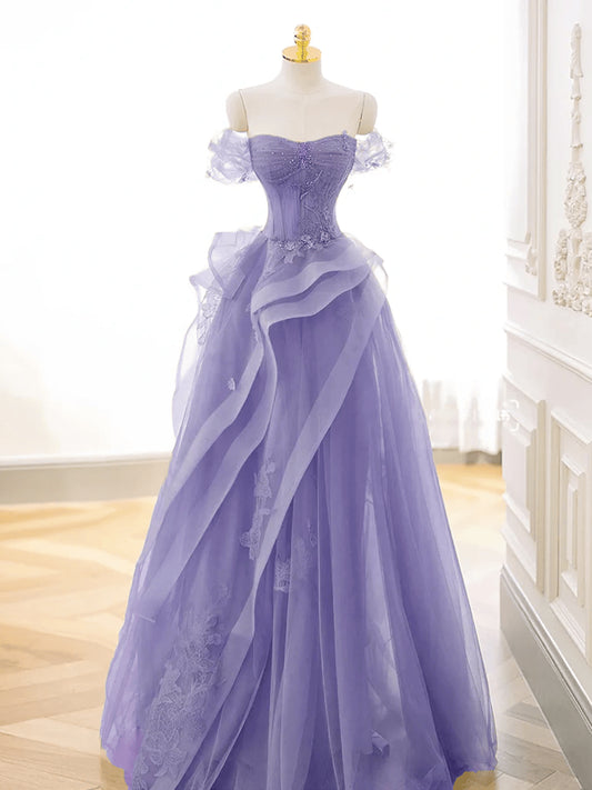 Beaira Lovely Purple Tulle Off Shoulder Party Dress A-line Tulle Evening Dress Prom Dress