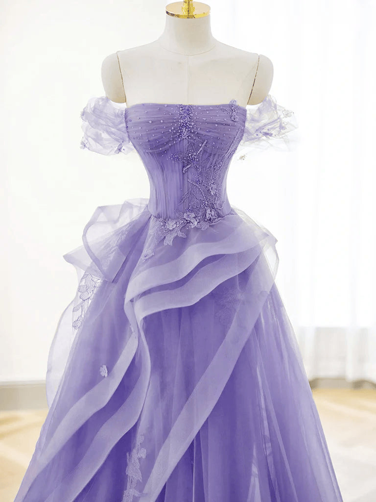 Beaira Lovely Purple Tulle Off Shoulder Party Dress A-line Tulle Evening Dress Prom Dress