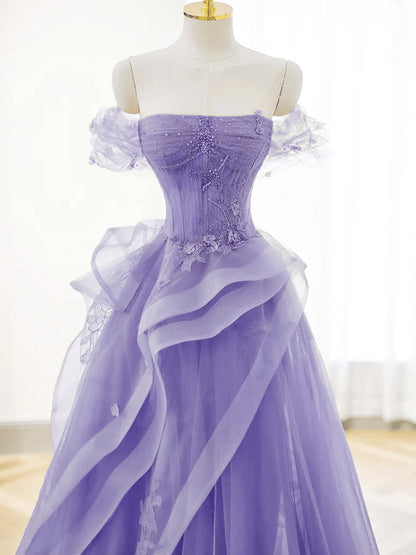 Beaira Lovely Purple Tulle Off Shoulder Party Dress A-line Tulle Evening Dress Prom Dress