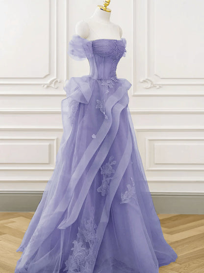 Beaira Lovely Purple Tulle Off Shoulder Party Dress A-line Tulle Evening Dress Prom Dress