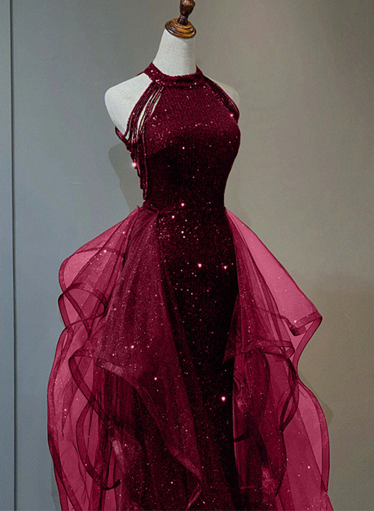 Beaira Wine Red Tulle and Sequins New Style Prom Dress Wine Red Long Evening Dress