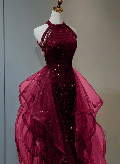 Beaira Wine Red Tulle and Sequins New Style Prom Dress Wine Red Long Evening Dress