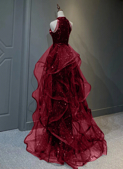 Beaira Wine Red Tulle and Sequins New Style Prom Dress Wine Red Long Evening Dress