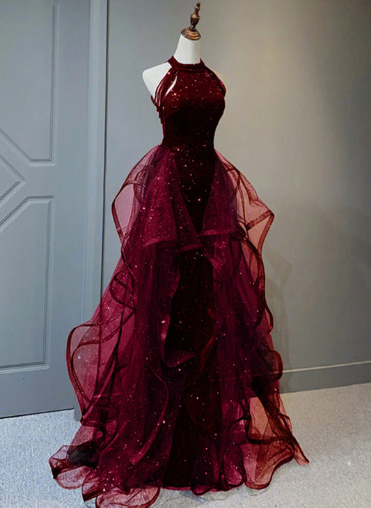 Beaira Wine Red Tulle and Sequins New Style Prom Dress Wine Red Long Evening Dress