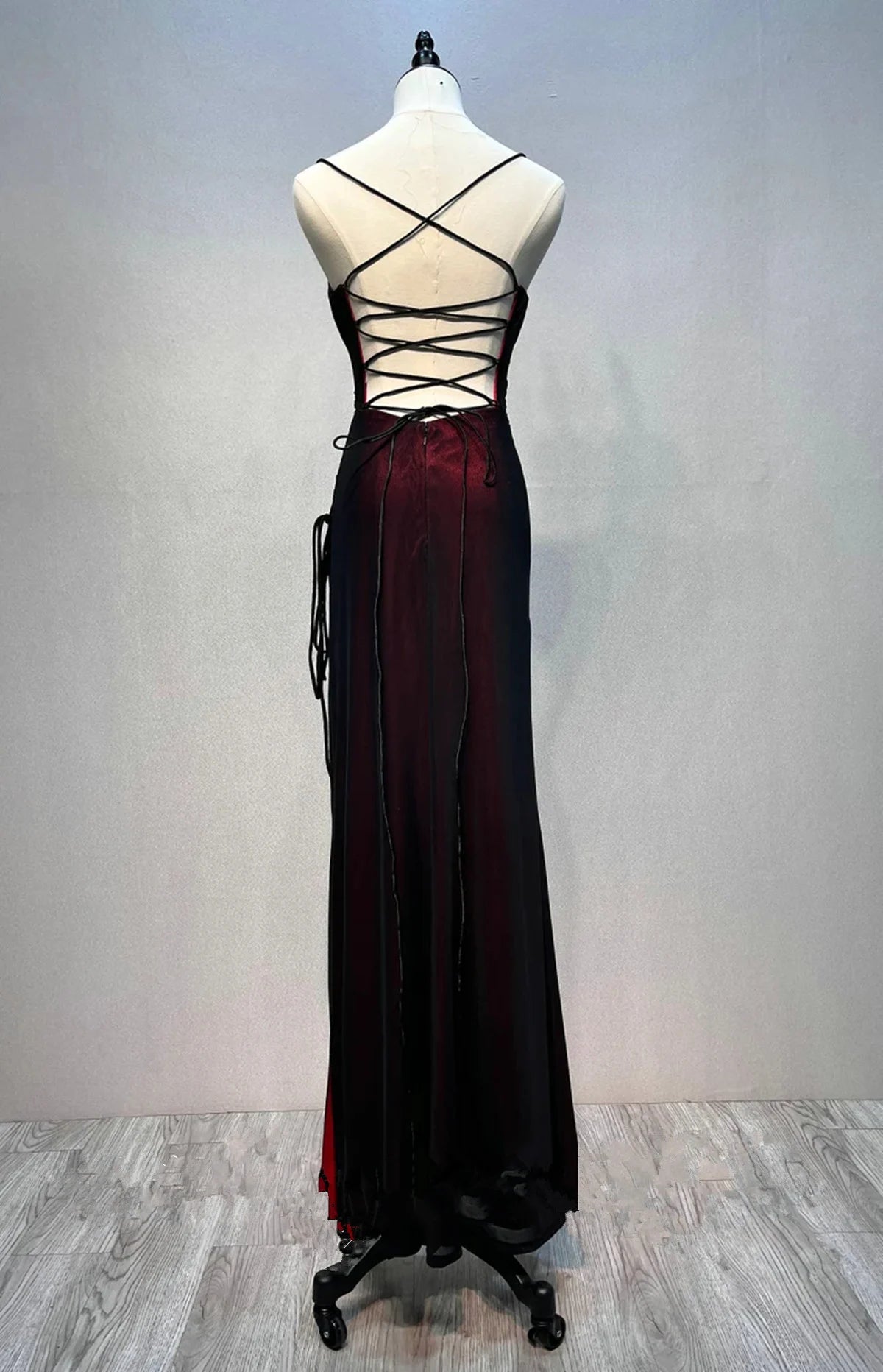 Beaira Black And Red Mermaid Straps Long Evening Dress Long Prom Dress With Leg Slit