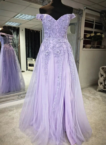 Beaira Off the Shoulder Purple Lace Prom Dress Purple Long Lace Formal Evening Dress