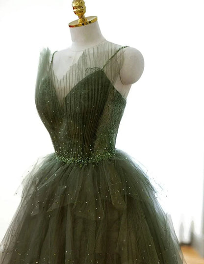 Beaira Green Tulle Layers Beaded Long Party Dress A-line Green Evening Dress Prom Dress