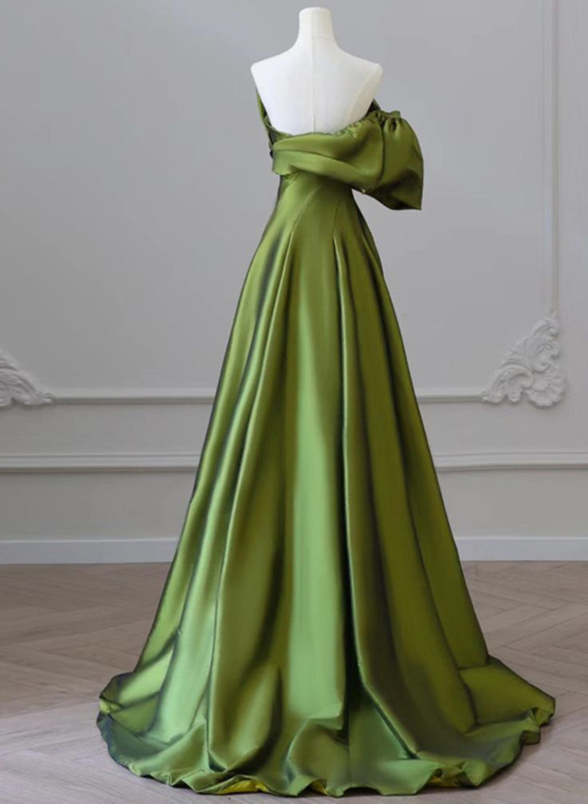 Beaira One Shoulder Green Satin Long Party Dress Off Shoulder Prom Dress