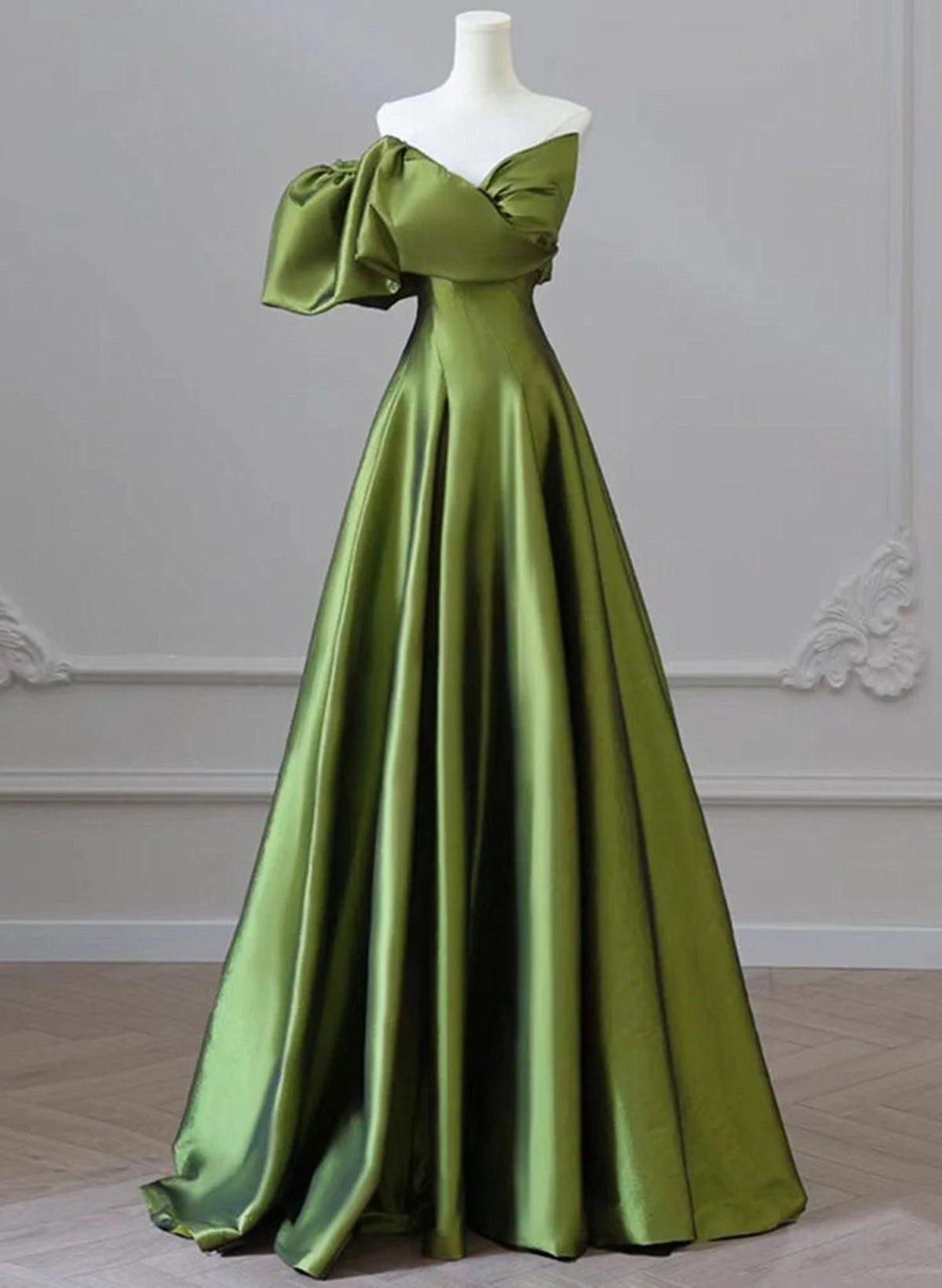 Beaira One Shoulder Green Satin Long Party Dress Off Shoulder Prom Dress