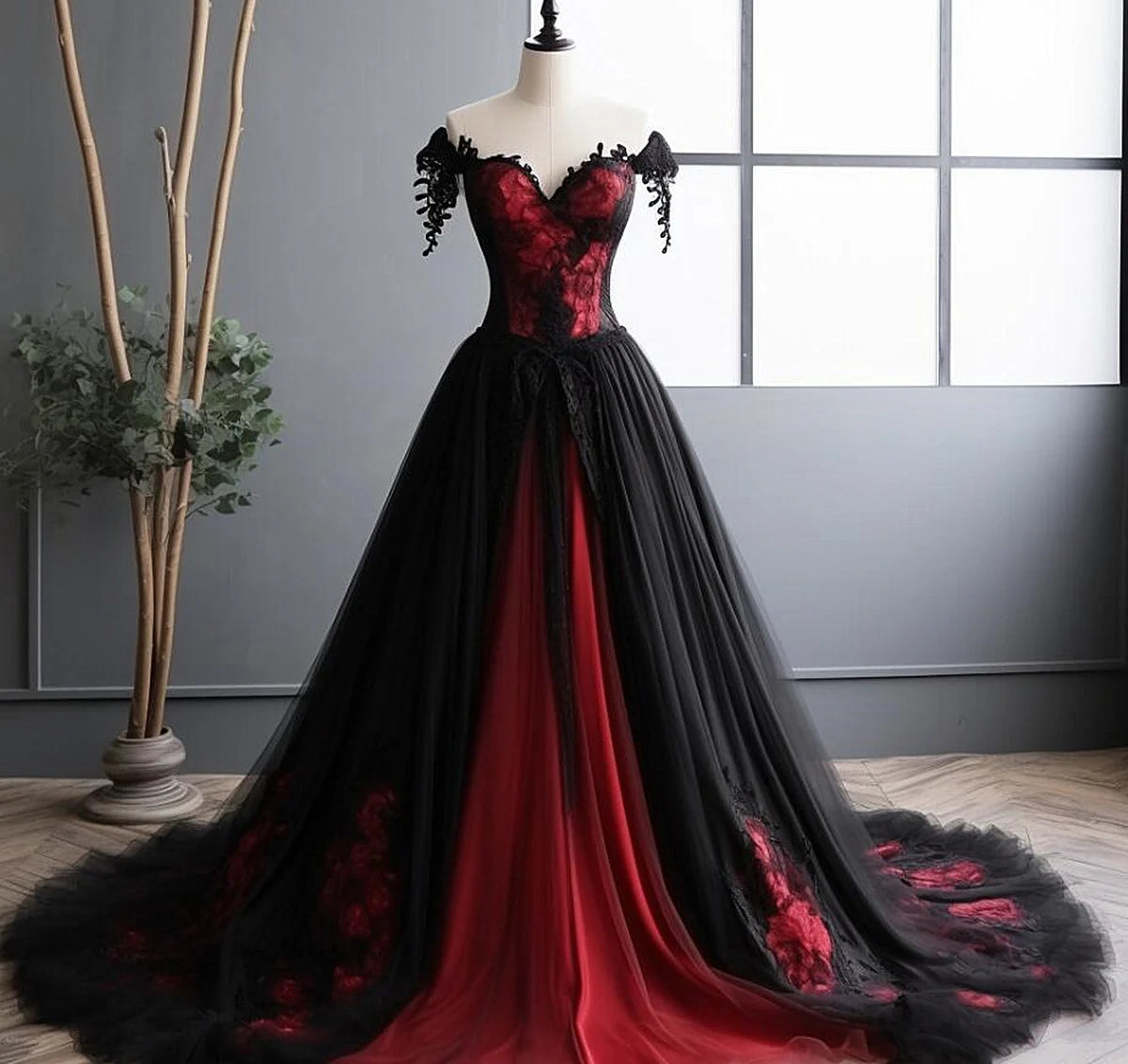 Beaira Black and Red Tulle Long Prom Dress Black and Red Formal Gown